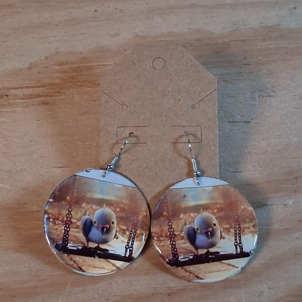 Handmade Pidove Earrings Round Resin Card Jewelry Bird